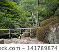 A Japanese garden in Mihara City, Hiroshima Prefecture, featuring a three-tiered waterfall and lush green maple trees. 141789874