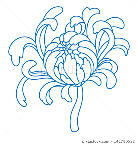 Chinese chrysanthemum flower line art isolated on white. Traditional Japanise chrysanth blossom outline. Beautiful monochrome sketch of mum flower Chinese chrysanthemum flower line art isolated on white. Traditional Japanise chrysanth blossom outline. Beautiful monochrome sketch of mum flower 141790558