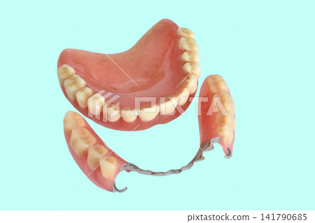 Complete removable denture for the upper jaw and clasp denture for the lower jaw. Complete removable denture for the upper jaw and clasp denture for the lower jaw. 141790685