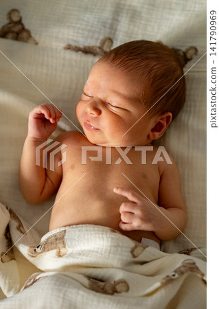 Newborn baby peacefully sleeping wrapped in warm blanket Newborn baby peacefully sleeping wrapped in warm blanket 141790969