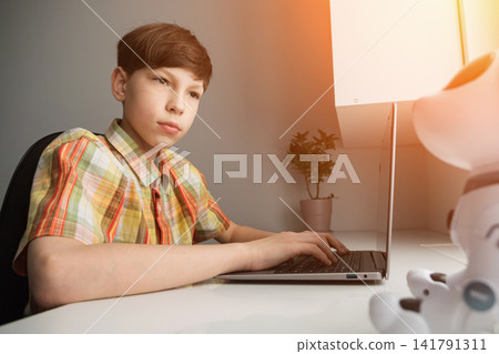 Young boy learning coding with laptop and robot Young boy learning coding with laptop and robot 141791311