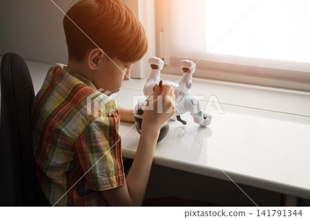 Boy repairing robot dog learning engineering skills 141791344
