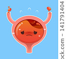 Hematuria Cartoon Bladder with Bloody Urine and Red Blood Cells Medical Illustration 141791404