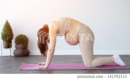 Pregnant woman practicing prenatal yoga stretching at home Pregnant woman practicing prenatal yoga stretching at home 141791513