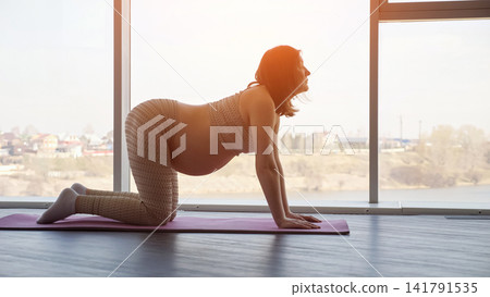 Pregnant woman practicing prenatal yoga for fitness and wellness Pregnant woman practicing prenatal yoga for fitness and wellness 141791535