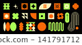 Trendy vector brutalism colorful Y2K shapes icons arcs, waves, stars, ovals, spirals, and other primitive elements. Swiss design aesthetic. Abstract geometric figures. Bauhaus Memphis design. 141791712