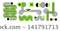 Trendy vector brutalism colorful Y2K shapes icons arcs, waves, stars, ovals, spirals, and other primitive elements. Swiss design aesthetic. Abstract geometric figures. Bauhaus Memphis design. 141791713