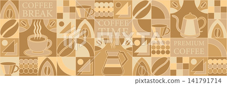 Coffee. Mosaic seamless pattern of Coffee shop. Coffee Geometric designs abstract line background. Coffee icons with simple shapes. Coffee. Mosaic seamless pattern of Coffee shop. Coffee Geometric designs abstract line background. Coffee icons with simple shapes. 141791714