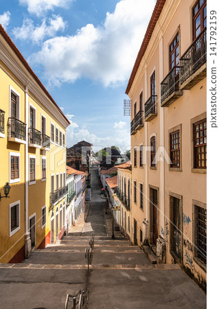 Sao Luis, Brazil - Jan 11, 2026: Traditional Portuguese architecture and staircase on Rua da Palma street in Sao Luis, Brazil Sao Luis, Brazil - Jan 11, 2026: Traditional Portuguese architecture and staircase on Rua da Palma street in Sao Luis, Brazil 141792159