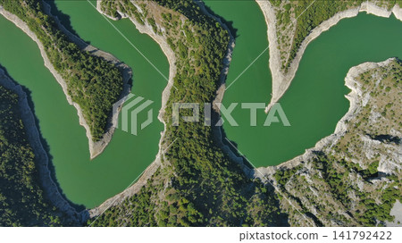 Curved meanders in canyon of Uvac river Serbia Curved meanders in canyon of Uvac river Serbia 141792422