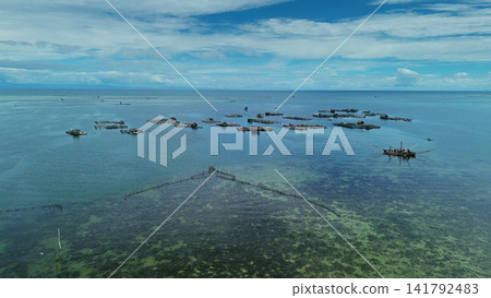 Fish farm with cages for fish and shrimp Fish farm with cages for fish and shrimp 141792483