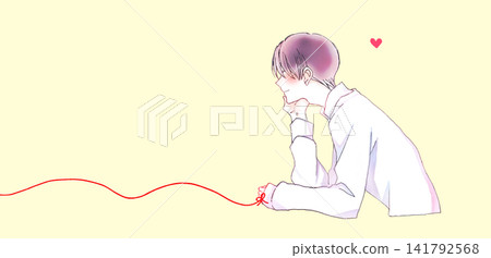 The man to whom she is connected by the red thread of fate; resting her chin on her hand; smiling. The man to whom she is connected by the red thread of fate; resting her chin on her hand; smiling. 141792568