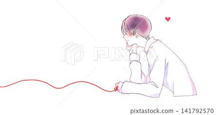 The man to whom she is connected by the red thread of fate; resting her chin on her hand; smiling. The man to whom she is connected by the red thread of fate; resting her chin on her hand; smiling. 141792570