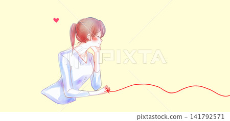 The woman tied with the red thread of fate, resting her chin on her hand, smiling. The woman tied with the red thread of fate, resting her chin on her hand, smiling. 141792571