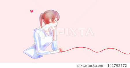 The woman tied with the red thread of fate, resting her chin on her hand, smiling. The woman tied with the red thread of fate, resting her chin on her hand, smiling. 141792572