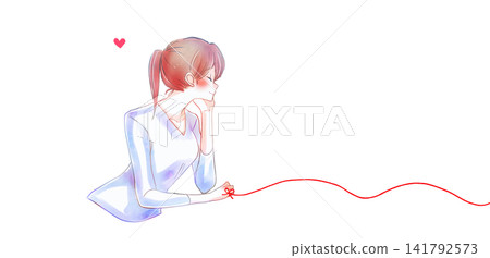 The woman tied with the red thread of fate, resting her chin on her hand, smiling. The woman tied with the red thread of fate, resting her chin on her hand, smiling. 141792573