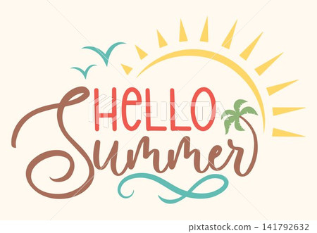 Hello Summer typography design with tropical sun and palm tree Hello Summer typography design with tropical sun and palm tree 141792632