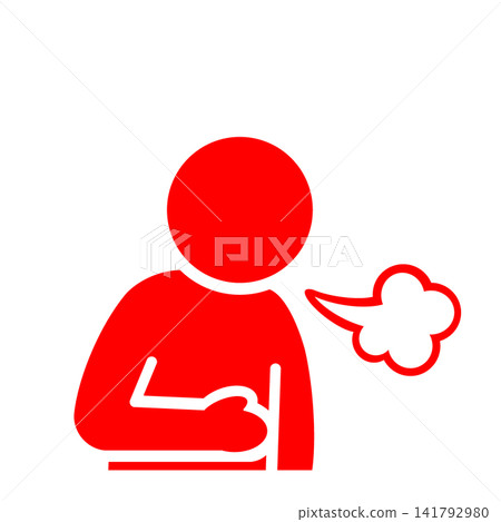 A pictogram (red) of a person sighing and holding their stomach due to a stomach ache or abdominal pain. A pictogram (red) of a person sighing and holding their stomach due to a stomach ache or abdominal pain. 141792980