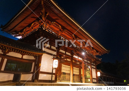The roof of the Todai-ji Temple's central gate shines brightly against the night sky. The roof of the Todai-ji Temple's central gate shines brightly against the night sky. 141793036