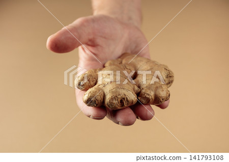 A ginger root in a man's hand. A ginger root in a man's hand. 141793108