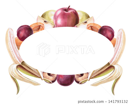 An oval frame made of apples, pears, apricots, plums, and bananas. Suitable for restaurant menu designs, food packaging, cookbooks, farm product labels, healthy eating blogs, and kitchen textiles. An oval frame made of apples, pears, apricots, plums, and bananas. Suitable for restaurant menu designs, food packaging, cookbooks, farm product labels, healthy eating blogs, and kitchen textiles. 141793132