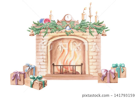 A festively decorated fireplace with gift boxes nearby. Isolated watercolor illustration for creating a New Year's mood in greeting cards, printed materials, textiles, and home decor. A festively decorated fireplace with gift boxes nearby. Isolated watercolor illustration for creating a New Year's mood in greeting cards, printed materials, textiles, and home decor. 141793159