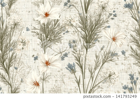 Cute floral seamless pattern with silhouettes of meadow wild herbs flowers. Flower vector illustration background. Print in rustic vintage style, textile or wallpapers. Cute floral seamless pattern with silhouettes of meadow wild herbs flowers. Flower vector illustration background. Print in rustic vintage style, textile or wallpapers. 141793249