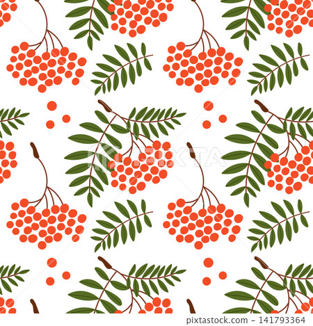 Seamless Rowan Berry Pattern with Red Clusters and Green Leaves Seamless Rowan Berry Pattern with Red Clusters and Green Leaves 141793364