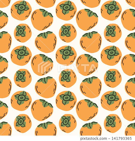 Ripe Persimmon Seamless Pattern with Whole Fruits and Green Leaves Ripe Persimmon Seamless Pattern with Whole Fruits and Green Leaves 141793365