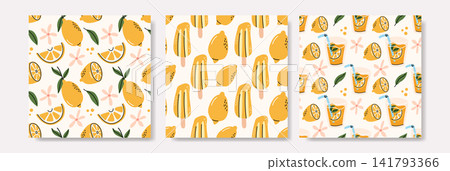 Cute Lemon and Lemonade Seamless Pattern Set with Popsicles Cute Lemon and Lemonade Seamless Pattern Set with Popsicles 141793366