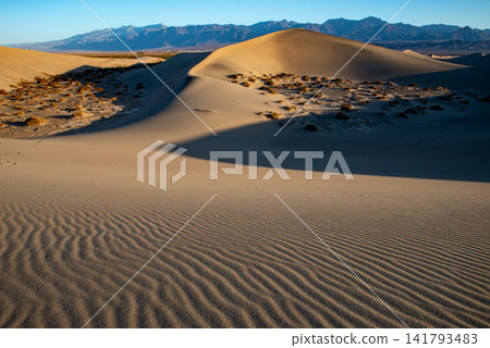 A line of sand dunes stretching out against the backdrop of a mountain range. A line of sand dunes stretching out against the backdrop of a mountain range. 141793483