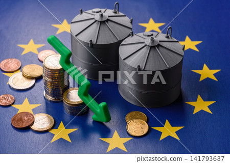 Liquefied gas storage tanks set against the EU flag as a background for your design Liquefied gas storage tanks set against the EU flag as a background for your design 141793687