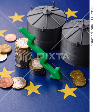 Liquefied gas storage tanks set against the EU flag as a background for your design Liquefied gas storage tanks set against the EU flag as a background for your design 141793689