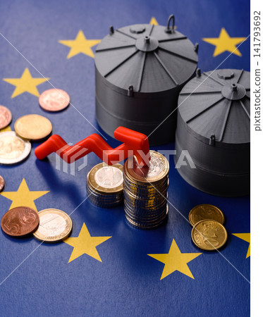 Liquefied gas storage tanks set against the EU flag as a background for your design Liquefied gas storage tanks set against the EU flag as a background for your design 141793692