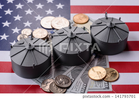 Liquefied gas storage tanks set against the USA flag as a background for your design Liquefied gas storage tanks set against the USA flag as a background for your design 141793701