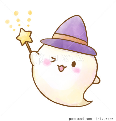 一幅可愛的水彩插畫,畫的是一個眨著眼睛揮舞著星星魔杖的小幽靈。萬聖節女巫帽。 一幅可愛的水彩插畫,畫的是一個眨著眼睛揮舞著星星魔杖的小幽靈。萬聖節女巫帽。 141793776