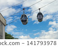 Two modern silver egg-shaped cable car cabins hanging on steel ropes against bright blue sky with white clouds 141793978