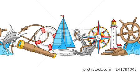 Nautical symbols seamless border. Travel and tourism background. Retro style conceptual illustration. Nautical symbols seamless border. Travel and tourism background. Retro style conceptual illustration. 141794005