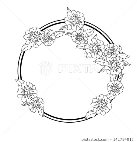Flower frame with linear daisy. Circle with beautiful decorative summer flowers. Flower frame with linear daisy. Circle with beautiful decorative summer flowers. 141794015