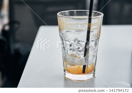Close-up of a nearly empty iced beverage glass with a black straw on a white table Close-up of a nearly empty iced beverage glass with a black straw on a white table 141794172