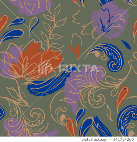 Abstract floral seamless pattern featuring artistic brush strokes, paisley elements, and leaves in muted olive, terracotta, blue, and purple. Abstract floral seamless pattern featuring artistic brush strokes, paisley elements, and leaves in muted olive, terracotta, blue, and purple. 141794260