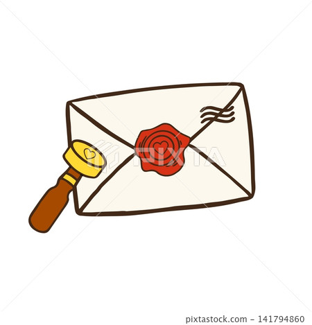 Cute doodle illustration of a love letter with a red wax seal and a heart-shaped stamp. Perfect for Valentine's Day designs, romantic messages, and postal themes. Isolated on white background Cute doodle illustration of a love letter with a red wax seal and a heart-shaped stamp. Perfect for Valentine's Day designs, romantic messages, and postal themes. Isolated on white background 141794860
