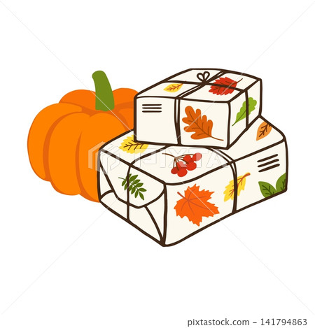 Set of banderoles tied with ribbon with colorful autumn leaves and pumpkin. Postal parcels sketch. Hand drawn doodle symbol of cozy autumn mail. Arriving fall concept Set of banderoles tied with ribbon with colorful autumn leaves and pumpkin. Postal parcels sketch. Hand drawn doodle symbol of cozy autumn mail. Arriving fall concept 141794863