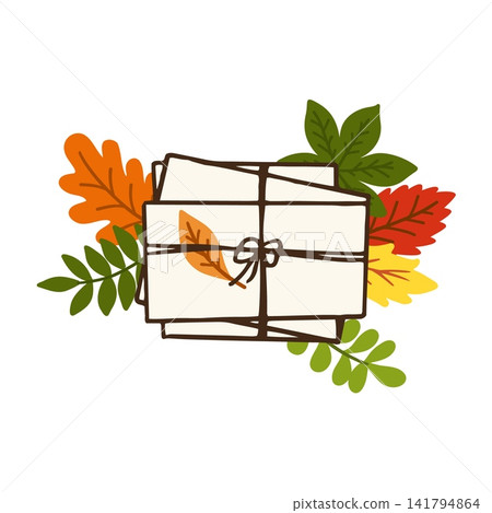 Bundle of letters tied with a ribbon surrounded with colorful autumn leaves. Hand drawn doodle symbol of cozy autumn mail. Arriving fall concept Bundle of letters tied with a ribbon surrounded with colorful autumn leaves. Hand drawn doodle symbol of cozy autumn mail. Arriving fall concept 141794864