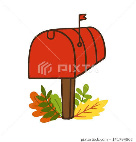 Retro American Suburban Letterbox with autumn leaves. Hand drawn doodle post box and autumn coming symbol. Vintage post office element. Isolated vector illustration Retro American Suburban Letterbox with autumn leaves. Hand drawn doodle post box and autumn coming symbol. Vintage post office element. Isolated vector illustration 141794865