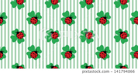 Ladybug on four leaf clover with green stripes seamless pattern. Symbols of good luck on stripes backdrop. Ladybird on shamrock with stripes. St. Patrick s Day background Ladybug on four leaf clover with green stripes seamless pattern. Symbols of good luck on stripes backdrop. Ladybird on shamrock with stripes. St. Patrick s Day background 141794866