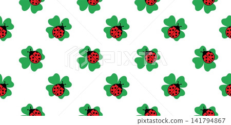 Ladybug sitting on four leaf clover seamless pattern. Symbols of good luck on white backdrop. Ladybird on shamrock. St. Patrick s Day background Ladybug sitting on four leaf clover seamless pattern. Symbols of good luck on white backdrop. Ladybird on shamrock. St. Patrick s Day background 141794867