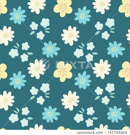 Seamless pattern with vivid blooming spring flowers on dark green background. Spring summer blossom flower background. Vector illustration Seamless pattern with vivid blooming spring flowers on dark green background. Spring summer blossom flower background. Vector illustration 141794869