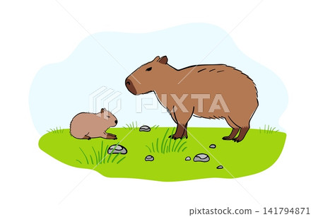 Capybara Mom and cute tiny Baby in wild nature background. The largest rodent, inhabiting river banks in Central and South America. Wildlife animal outline illustration in sketch style Capybara Mom and cute tiny Baby in wild nature background. The largest rodent, inhabiting river banks in Central and South America. Wildlife animal outline illustration in sketch style 141794871