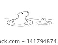 Capybara Mom and cute little Baby in water. Two capybaras take a bath and chilling. Wildlife animal outline illustration in sketch style 141794874